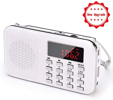 PRUNUS J-908 Portable Radio Pocket AM/FM Battery Operated Radio with Emergency Flashlight, Auto Scan, Micro-SD & USB & AUX MP3 Player(White)