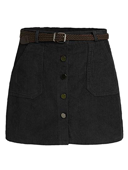 Romwe Women's Cute Mini Corduroy Button Down Pocket Skirt with Belt