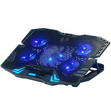 Rosewill Gaming Laptop Cooler Notebook Cooling Pad, 5 Silent Blue LED Fans w/Powerful Air Flow, Control Panel w/LCD Screen, Portable Height Adjustable Laptop Stand, Comfortable for Wrists