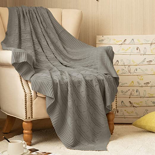 jinchan Throw Blanket Gray Lightweight Cable Knit Sweater Style Year Round Gift Indoor Outdoor Travel Accent Throw for Sofa Comforter Couch Bed Recliner Living Room Bedroom Decor 50" x 60"