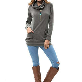 Levaca Womens Long Sleeve Button Cowl Neck Casual Slim Tunic Tops With Pockets