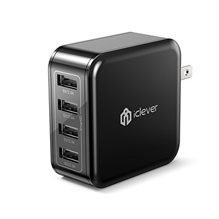 iClever BoostCube Universal 40W 4 Port USB Wall Charger with SmartID Tech and Foldable Plug, Black