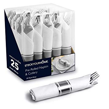 Silver Pre Rolled Napkin and Cutlery Set 25 Pack Disposable Silverware for Catering Events, Parties, and Weddings