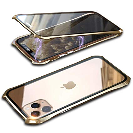 Bpowe iPhone 11 Pro Max Case, Bat Style Slim Metal Frame Tempered Glass Screen Protector Full Body Case with Magnetic Adsorption for Apple iPhone 11 Pro Max 6.5" 2019 (Gold)