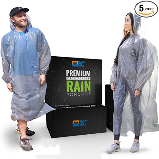 Rain Guard Ponchos by Blake Pro Gear - Premium Quality (5 Individually Packed) Disposable and Reusable Waterproof Raincoat with Hood Straps and Sleeves - One Size Fit All for Men and Women
