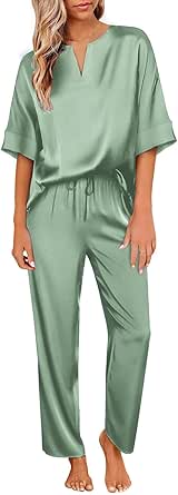 Ekouaer Satin Pajama Set Womens Silk Short Sleeve V Neck Shirt with Long Pant Soft Loungewear Pjs Set