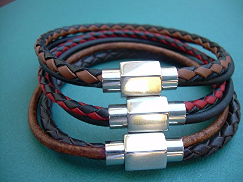 Leather Bracelet, Red, Black, Brown, Braided, Double Strand, Mens Leather Bracelet, Stainless Steel, Magnetic Clasp, Mens Jewelry, Mens Bracelet, Mens Gift, Mens Leather Bracelet