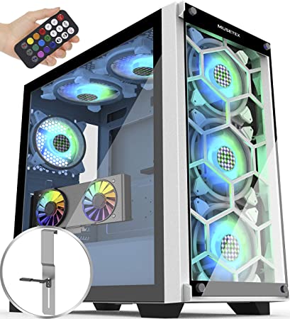 MUSETEX 5×140mm & 1×120mm ARGB Fans Voice Remote Control Mid-Tower Case with 2 PCS x USB 3.0 Ports Tempered Glass Panels PC Gaming Case Computer Chassis（MU3-MN6W-14）