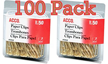 Value Pack of 100 ACCO Gold Tone Jumbo Paper Clips, Smooth Finish, Steel Wire, 20 Sheet Capacity, 2 boxes, 50 Clips per Box (A7072532)