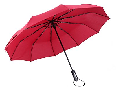 Travel Umbrella,Uopasd Compact Windproof Folding Umbrella with 10 Ribs Auto Open Close(red)