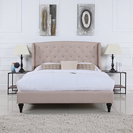 Classic Dark Beige Box-Tufted Shelter Bed Frame (Queen)