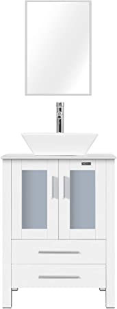 eclife 24" Bathroom Vanity and Sink Combo White Small Vanity W/Square White Ceramic Vessel Sink & 1.5 GPM Water Save Faucet & Solid Brass Pop Up Drain, with Mirror(Contemporary/A07B02W)