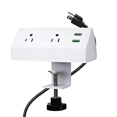 2 Outlet Clamp Mount Power Strip with USB Charging, All-in-One Removable Desktop Power Center Station, Outlet 110-220V/50HZ/10A, USB 5V/2.1A 4.9 ft Power Cord (White)