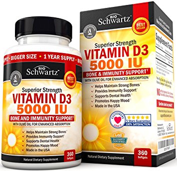 Vitamin D3 5,000 IU. Superior Absorption. 360 Tiny Softgels. Gluten Free & Non-GMO Best Vitamin D3 Supplement. Healthy Muscle Function, Bone Health and Immune Support. Made in USA