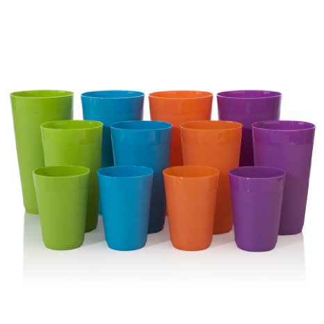 12pc Newport Unbreakable Plastic Cup Tumblers in 4 Assorted Colors, four 10oz juice, four 20oz water and four 32oz iced tea