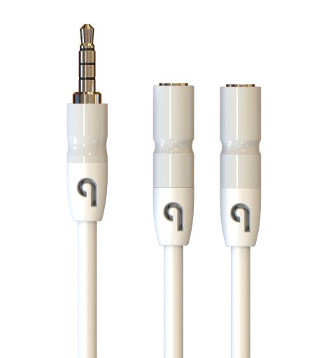 PlugLug® - 3.5mm Headphone Splitter - 3.5mm Male to 3.5mm Double Female Cable (White) - New Design for iPhone, iPad, Smartphones