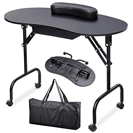 Yaheetech 37''L Portable & Foldable 1-Drawer Manicure Table Nail Technician Desk Workstation Manicure Table with Client Wrist Pad and Free Carrying Case, Black