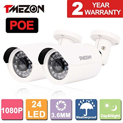 TMEZON® 2 Pack 1/2.5" 2.0 Mega Pixel 1080P 1920x1080P HD-IP ONVIF IP Security Camera Full Real Time Outdoor Network IR Cut Day Night Vision for NVR System PoE Power Over Ethernet 24IR Infrared LEDs
