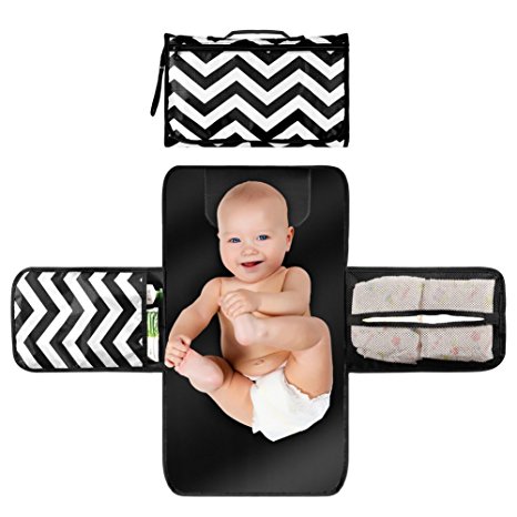 Bayby Diaper Changing Pad - Portable Changing Station - Travel Gear Changing Mat Clutch Kit for Newborn Toddler Infant with Head Cushion & 3 Pockets (Black & White)