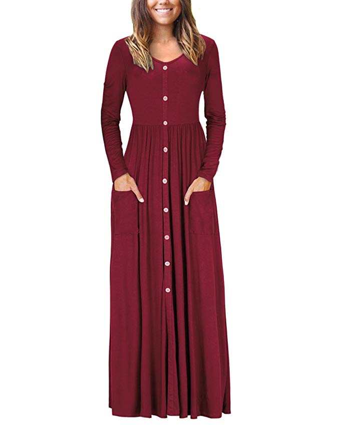 VOTEPRETTY Women's V-Neck Long Sleeve Casual Loose Button Maxi Long Dress with Pockets