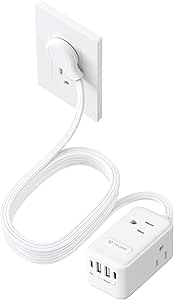 TROND 20W USB C Travel Power Strip - Ultra Thin Flat Plug, Small Extension Cord, 3 Outlets, 4 USB Ports, 3 Side Outlet Extender, 10ft Cord for Nightstand, Dresser, Couch, TV, Cruise Essentials, White