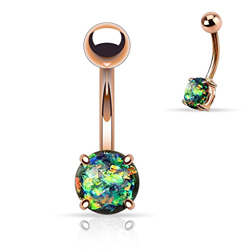 14G Opal Glitter Prong Set Rose Gold IP Over 316L Surgical Steel Belly Button Ring (Synthetic Opal) - Choose Color