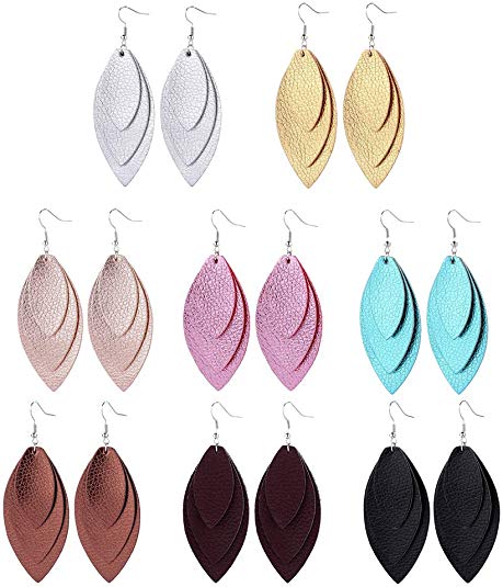 8 Pairs Leather Earrings for Women 3 Layered Lightweight Dangling Leaf Drop Earrings