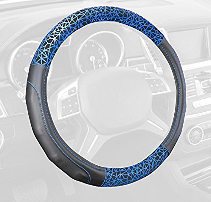 Motor Trend GripDrive Web Synthetic Leather Auto Car Steering Wheel Cover Black w/ Blue Graffiti Lines - Comfort Grip - Standard 15 Inch