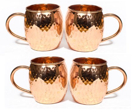 Moscow Mule Mug - 100 Pure Solid Copper 16 Oz Unlined No Nickel Interior Handcrafted Hammered Design set of 4