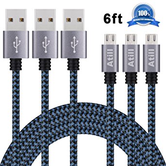 Atill Micro USB Cable 3 Pack 6ft Nylon Braided Charging Cord for Samsung Galaxy, Nexus, LG, HTC, Motorola, Android Smartphones and More - Black and Blue