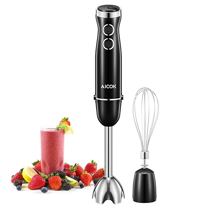 Hand Immersion Blender Aicok, 300W 2-in-1, with 6 Speeds, High-Quality Stainless Steel Electric Mixer, for Mixing, Stirring, Beating Eggs and Crushing Ice