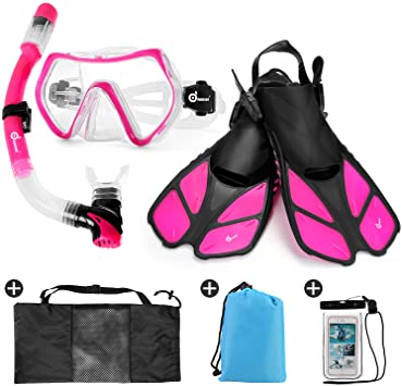 Odoland Snorkel Set 6-in-1 Snorkeling Packages with Diving Mask, Adjustable Swim Fins, Mesh Bag, Waterproof Case and Beach Blanket, Anti-Fog Anti-Leak Snorkeling Gear for Men Women Adult