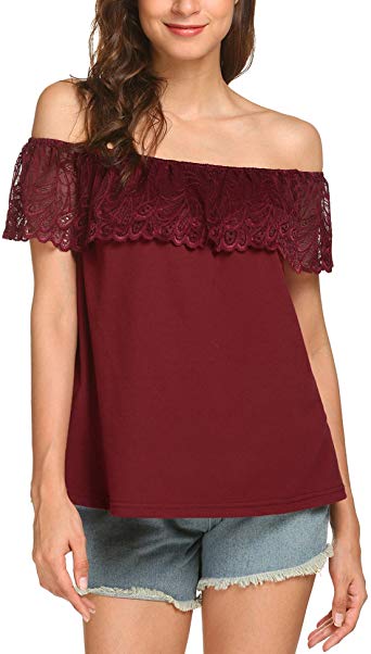 Pasttry Women's Off Shoulder Tops Lace Crochet Ruffles Solid Blouse Casual Short Sleeve Loose T-Shirt