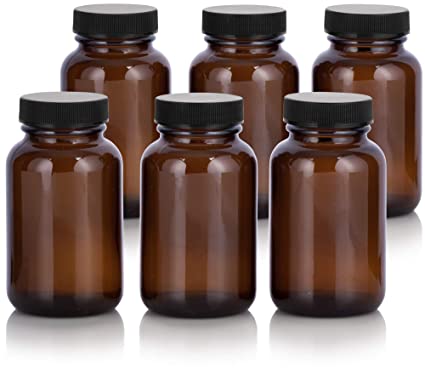 Amber 4 oz Glass Packer Bottle with Black Ribbed Lid (6 pack)