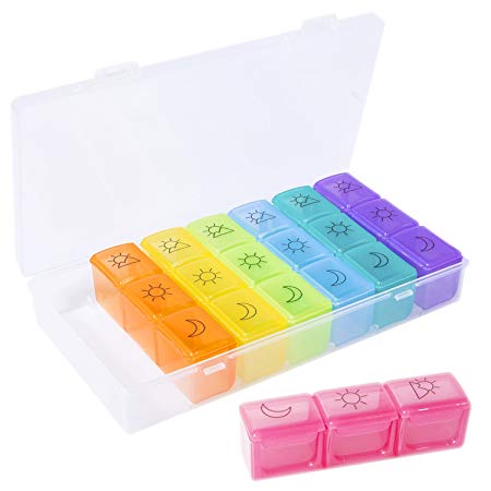 Weekly Pill Organizer, 3 Times a Day- Morning Noon Evening, Per Day Travel Pill Container Prescription and Medication Pill Organizer Case with Moisture- Proof Case (21 Compartments)