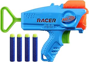 NERF Elite Junior Racer Easy Play Dart Blaster, 4 Nerf Elite Darts, Nerf Blaster Outdoor Toys for 6 Year Old Boys & Girls & Up