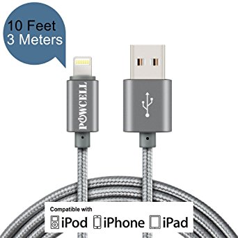 POWCELL Extra Long 3 Meter Nylon Braided Fast Charger Cord For Apple iPhone/iPad, Lightning 8-Pin Fast USB Data Sync & Charge Cord Cable(Gray 3 Meter)