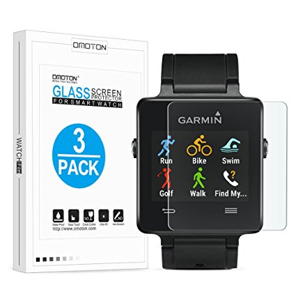 [3 Pack] Garmin Vivoactive Screen Protector, Tempered Glass OMOTON Screen Protector for Garmin Vivoactive Smart Watch [9H Hardness] [Crystal Clear] [Scratch Resist] [No-Bubble]