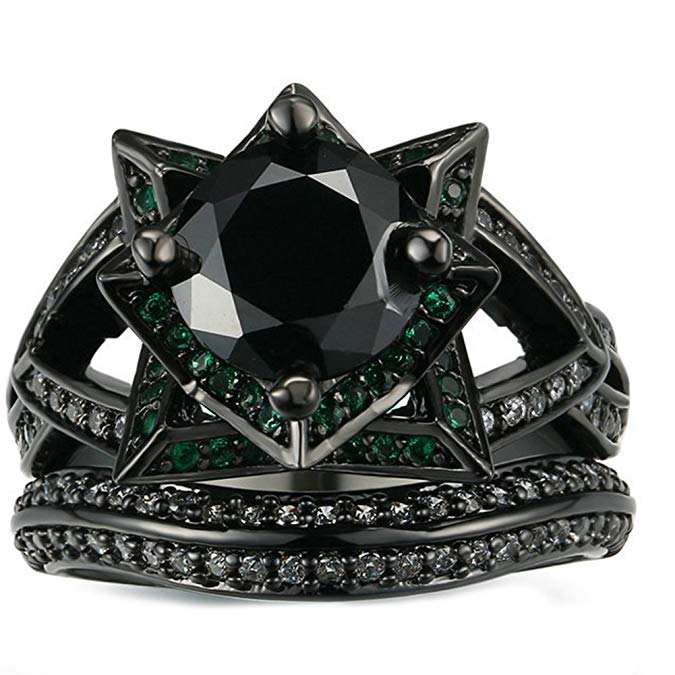 JAJAFOOK Personality Vintage Women's Black Gold Rose with Green Black Diamond Wedding Band Rings Set