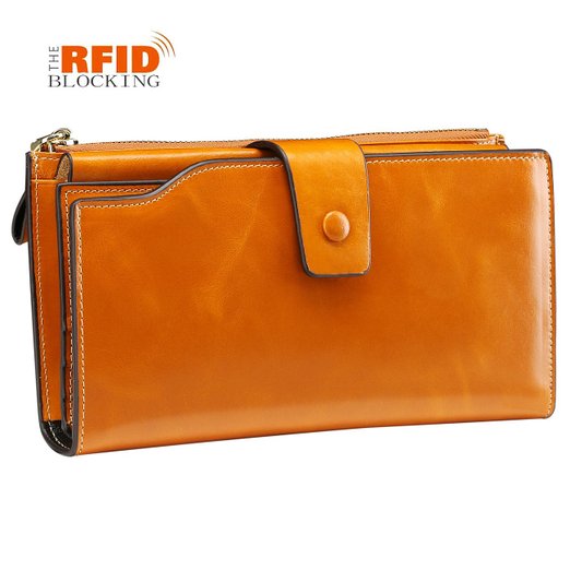 JSLOVE Women's RFID Blocking Large Capacity Genuine Leather Wallet With Zipper Pocket