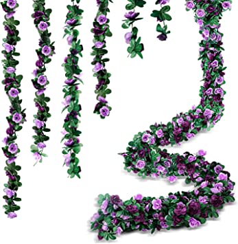 AnoKe 6pcs 49 FT Rose Vine Flowers Garland Plants- BSTC Artificial Fake Rose Vine Flowers Ivy Garlands Hanging Rose Ivy for Wedding Party Garden Wall Decoration Silk Flowers, Purple