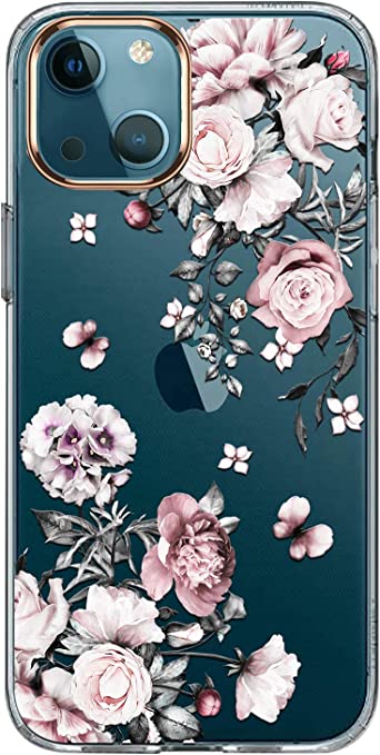 luolnh Compatible with iPhone 13 Case with Flower,for Girly Women,Shockproof Clear Floral Pattern Hard Back Cover for iPhone 13 6.1 inch 2021-White&Pink