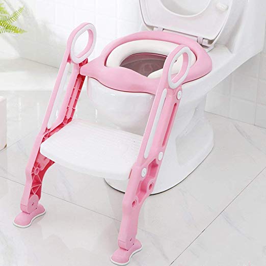 Toilet Ladder Potty Shelf Stool,Foldable Training Soft Seat for Kids, Adjustable Footrest, with Non-Slip Steps & Anti-Slip Pads Potty Step for Baby,Toddlers and Child, Pink and White