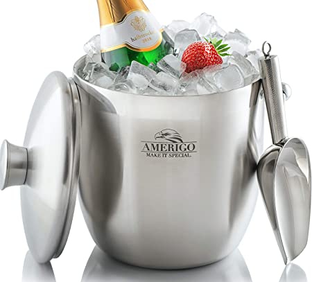 Amerigo Exclusive Insulated Ice Bucket - Well Made Double-Wall Champagne Bucket Keeps Ice Frozen Longer - 3 Liter Stainless Steel Ice Bucket for Parties with Lid, Strainer, Ice Tongs   Free Ice Scoop