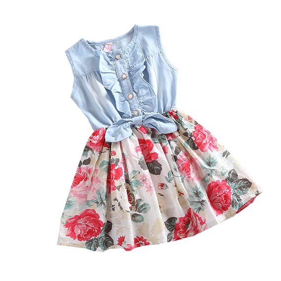 Mingao Little Girls Denim Floral Print Sleeveless Skirt Dresses