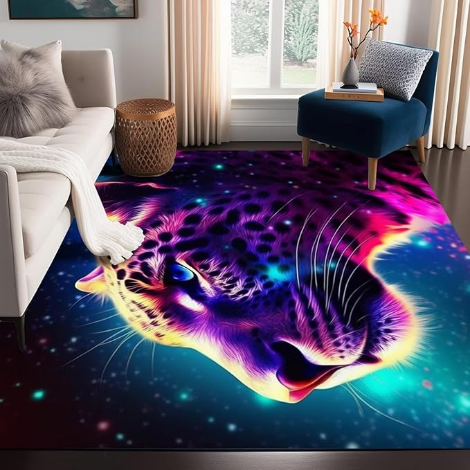 5' X 7' Galaxy Leopard Rug Fierce Panther Head Area Rugs for Boys Kids Bedroom Living Room Gameroom Girls Glitter Carpet Floor Mat Throw Rugs