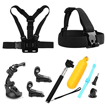 SHOOT 9in1 Must Have Accessories Bundle Kit for GoPro Hero 7 Black Silver White/Hero 6/Hero 5 4 3  3 2 1/HERO(2018)/Fusion AKASO EK7000 APEMAN Campark FITFORT 4K WIFI Action Camera Head Belt Strap, Chest Belt Strap, Car Suction Cup Mount Holder, Floating bar,Monopod