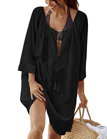 Bsubseach Women Embroidered Half/Long Sleeve Swimsuit Cover Up Mini Beach Dress