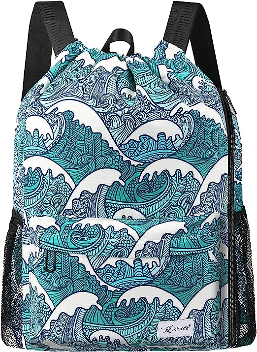 Risefit Drawstring Backpack with Mesh Pockets String Gym Bag Sackpack Sandproof Water Resistant Beach Backpack for Men Women (Blue Waves)