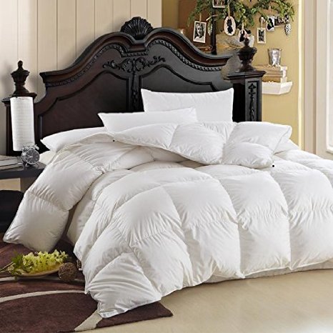 LUXURIOUS King  Cal King Size Siberian GOOSE DOWN Comforter 600 Thread Count 100 Egyptian Cotton Cover Solid White Color 750 Fill Power 70 Oz Fill Weight All Season Down Comforter